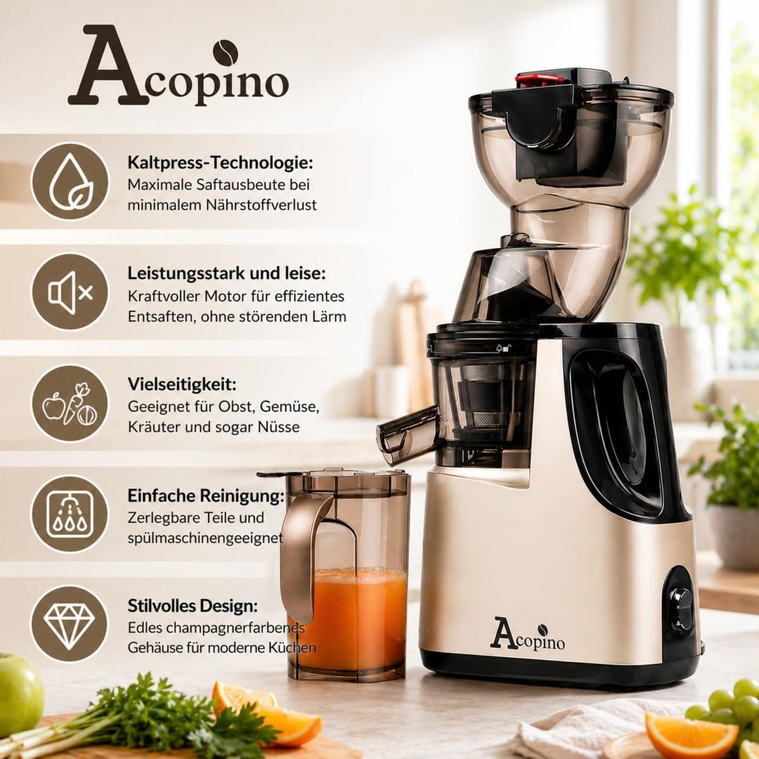 Slow Juicer Delicato, elektrische Fruchtpresse, Entsaften von ganzen Früchten und Gemüse, 83-mm Öffn