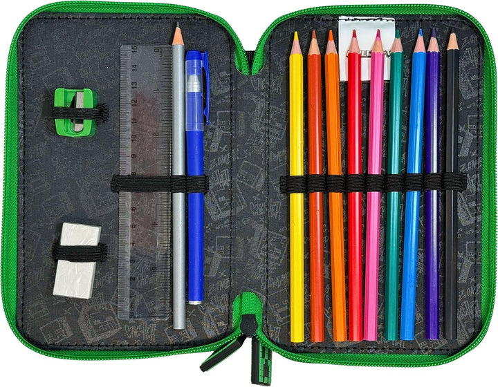 Clondo Federmäppchen mit 2 Fächern, für Minecraft Fan, 32 Teile, inklusive Stifte, Bleistifte, Marke