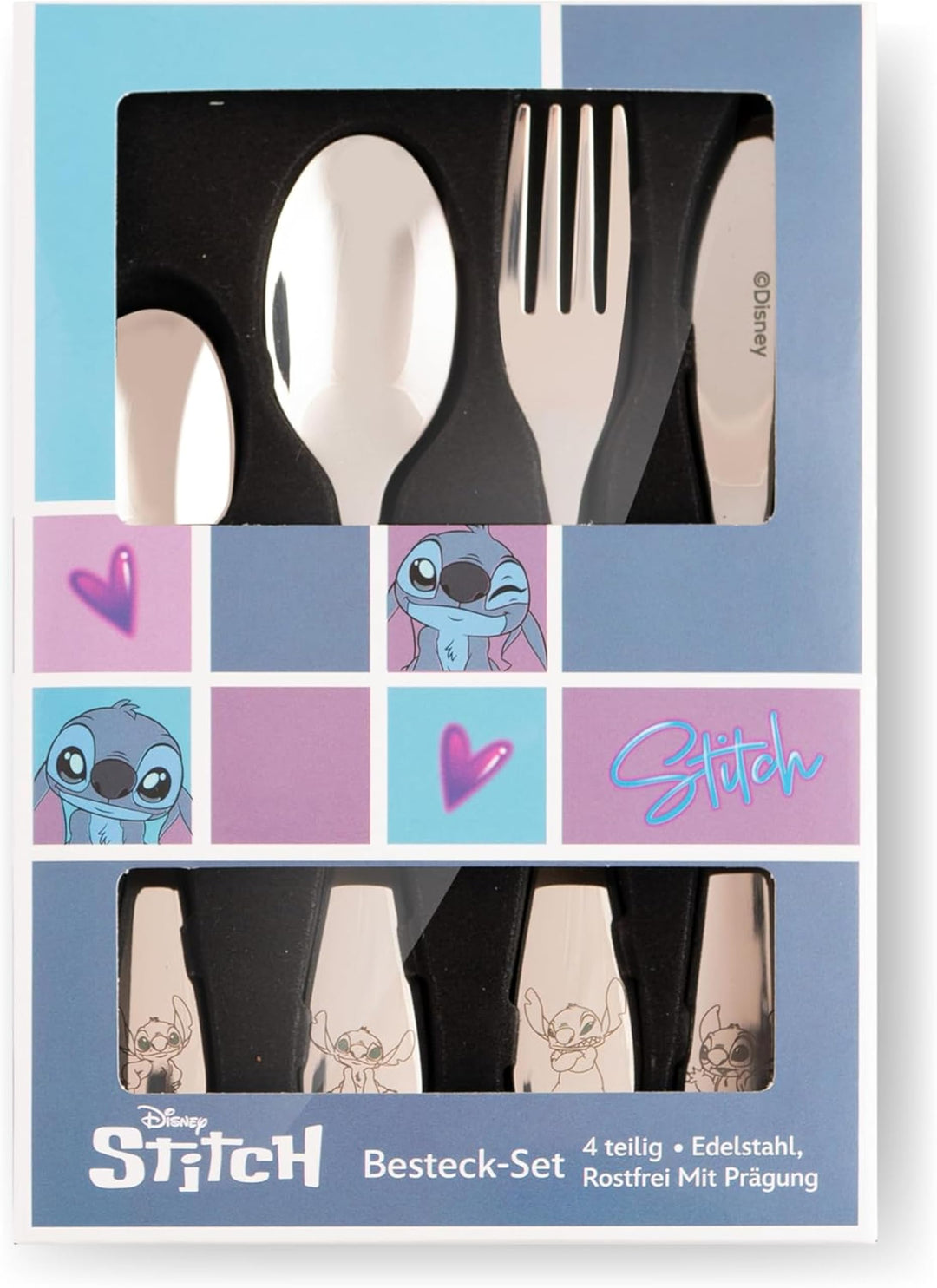 Stitch Kinderbesteck Set 4-teilig - Edelstahl rostfrei, spülmaschinengeeignet, in Geschenkverpackung
