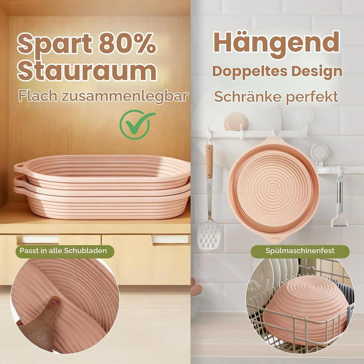 24 Stück Sauerteig Starter Set,Klappbare Brotbackset mit 23cm Rund,25cm Oval Silikon Gärkörbchen,Bro