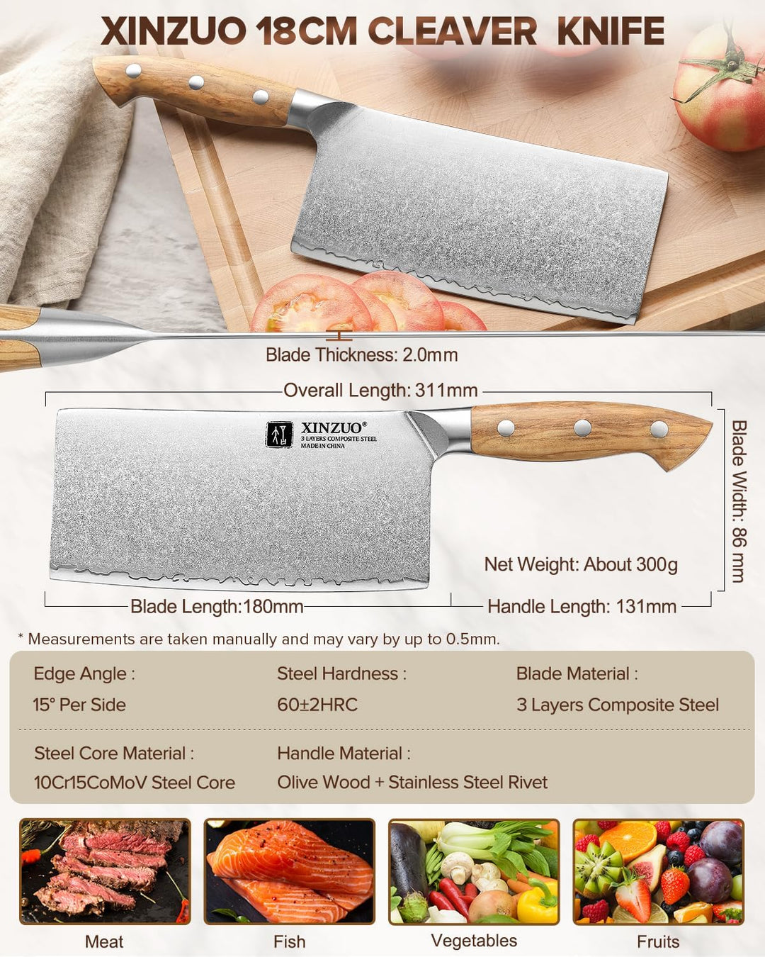 XINZUO 18cm Verbundstahl Hackmesser, Profi Chinesisches Kochmesser Handgeschmiedet Multifunktions Ch