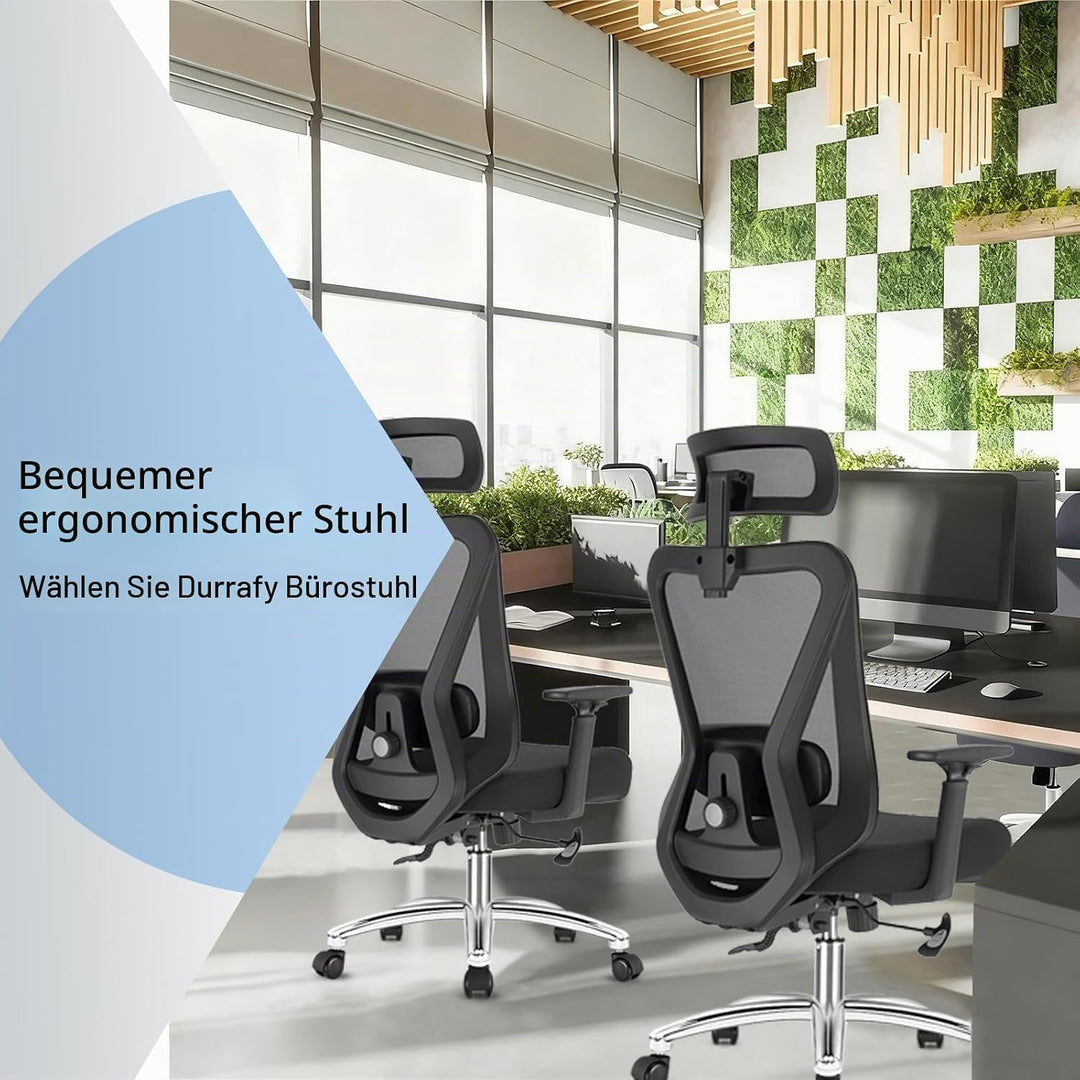 Durrafy Ergonomischer Bürostuhl, Schreibtischstuhl hat Kopfstütze, Lendenwirbelstütze, Armlehnen, Hö