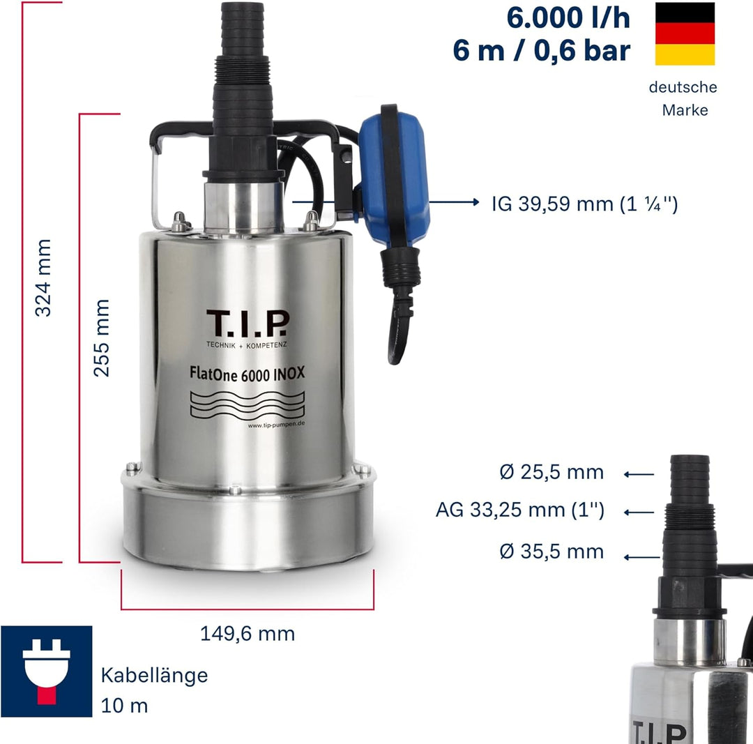 T.I.P. FlatOne 6000 INOX Drainage und Poolentwässerungspumpe Silber/schwarz 22.5 x 16.5 x 27 cm