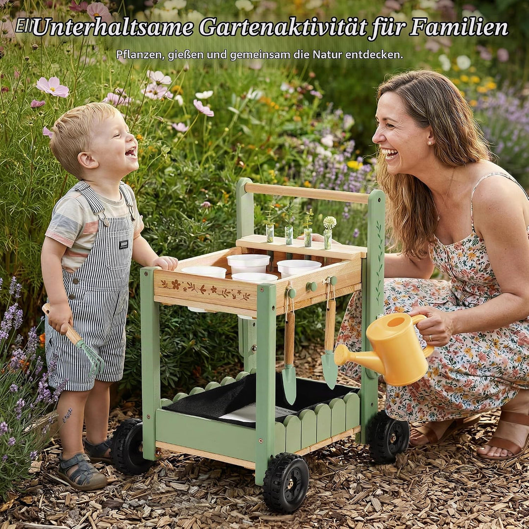 ROBOTIME Holz Gartenwagen für Kinder, Outdoor Garten-Trolley mit 4 Pflanzbechern &amp; 4 Hydroponik-Reag