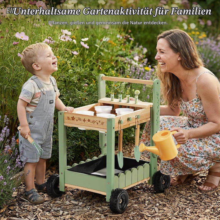 ROBOTIME Holz Gartenwagen für Kinder, Outdoor Garten-Trolley mit 4 Pflanzbechern &amp; 4 Hydroponik-Reag