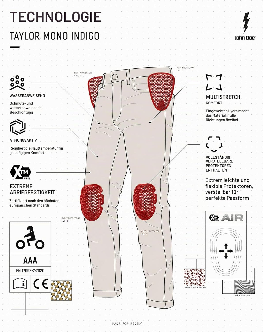 John Doe Taylor Monolayer XTM Motorrad Jeans Stretch Atmungsaktiv mit Protektoren 28W / 34L Indigo,