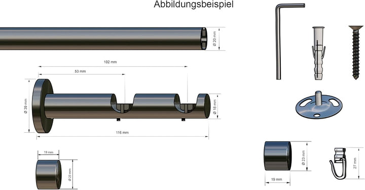 Tilldekor Innenlauf Gardinenstange HIGH-LINE ANDRAX, 2-Lauf, braun-antik, Ø 20 mm, 200 cm, inkl. Trä