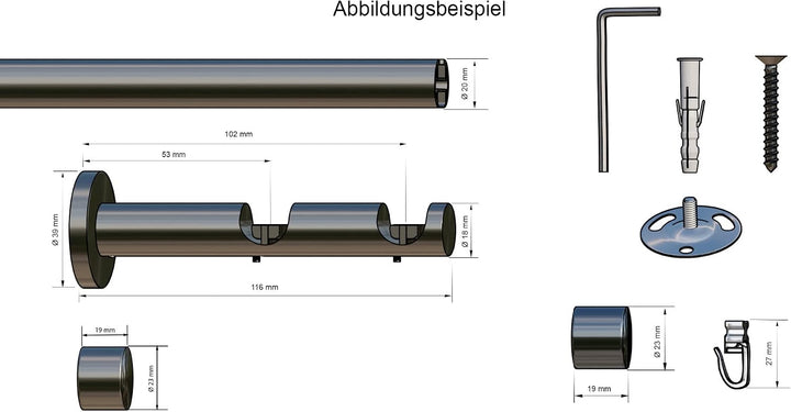 Tilldekor Innenlauf Gardinenstange HIGH-LINE ANDRAX, 2-Lauf, schwarz-glanz, Ø 20 mm, 240 cm, inkl. T