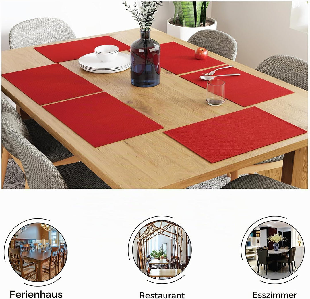 Encasa XO Platzsets Esstisch Set von 6 | Solide rot | Fein gerippte Baumwoll-Tischunterlage | Grösse