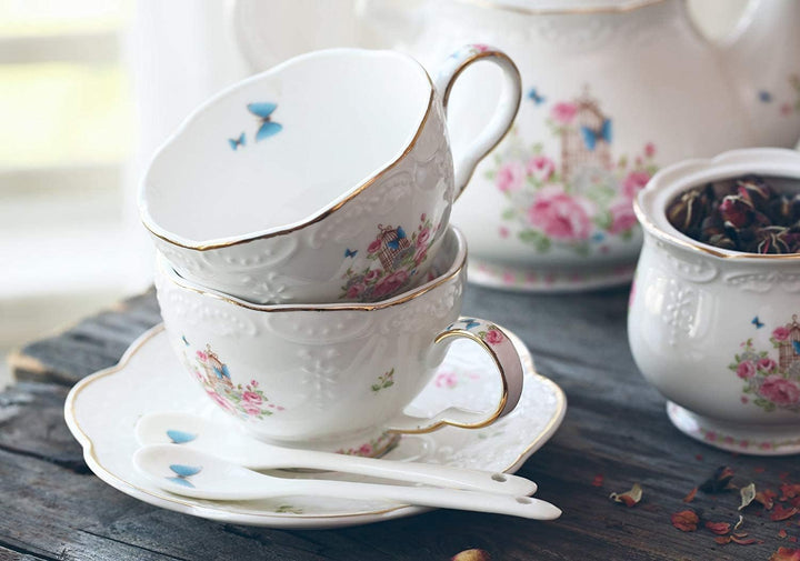 YBK Tech Strength Porzellan-Kaffeekanne, Keramik-Teekanne, rosa Rose (Teekanne + 2 Sets Tassen und U