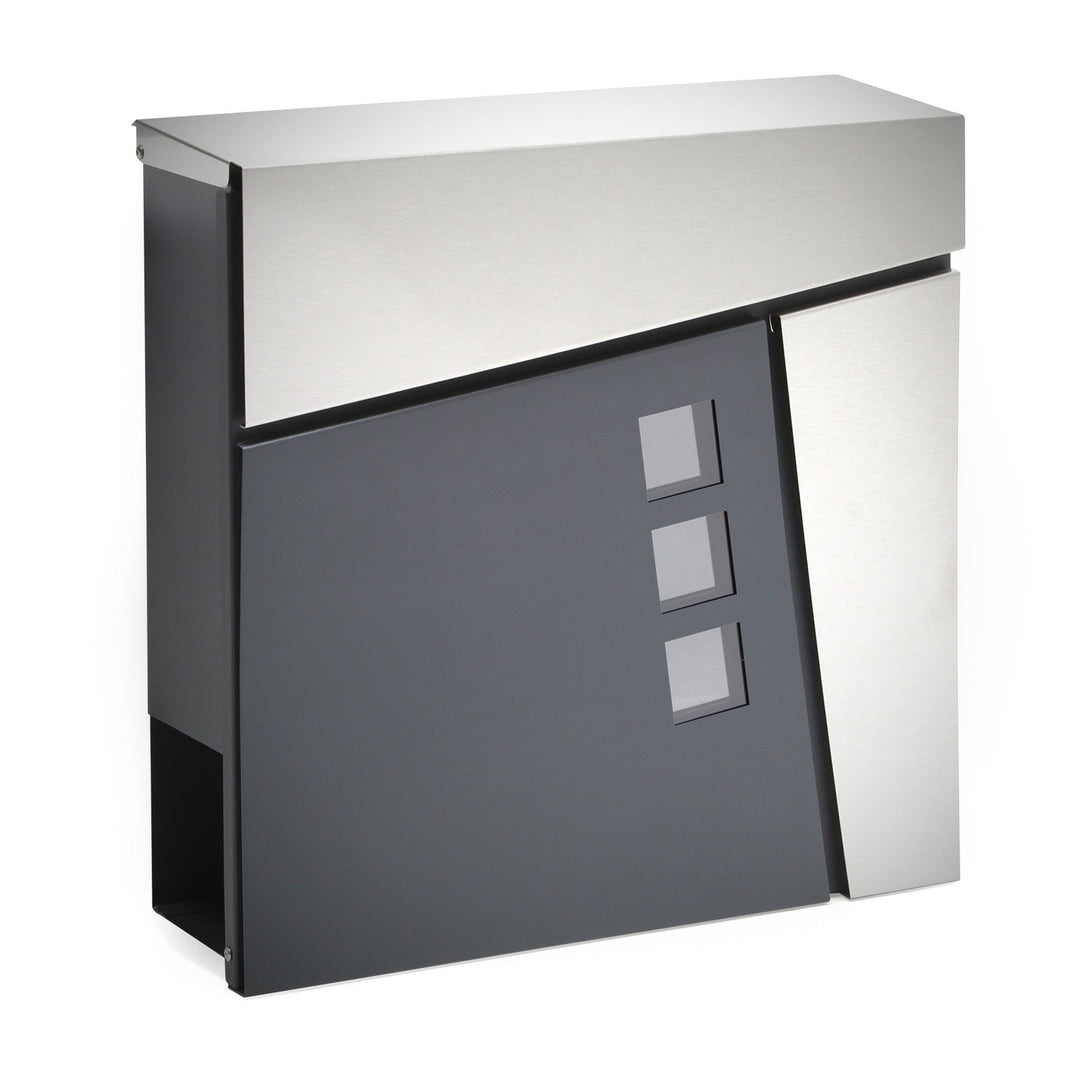 Wiltec Designer Briefkasten V24 Anthrazit und Edelstahl 370 x 105 x 370 mm, Wandbriefkasten mit Schl