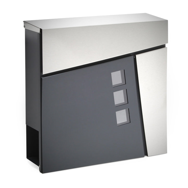 Wiltec Designer Briefkasten V24 Anthrazit und Edelstahl 370 x 105 x 370 mm, Wandbriefkasten mit Schl