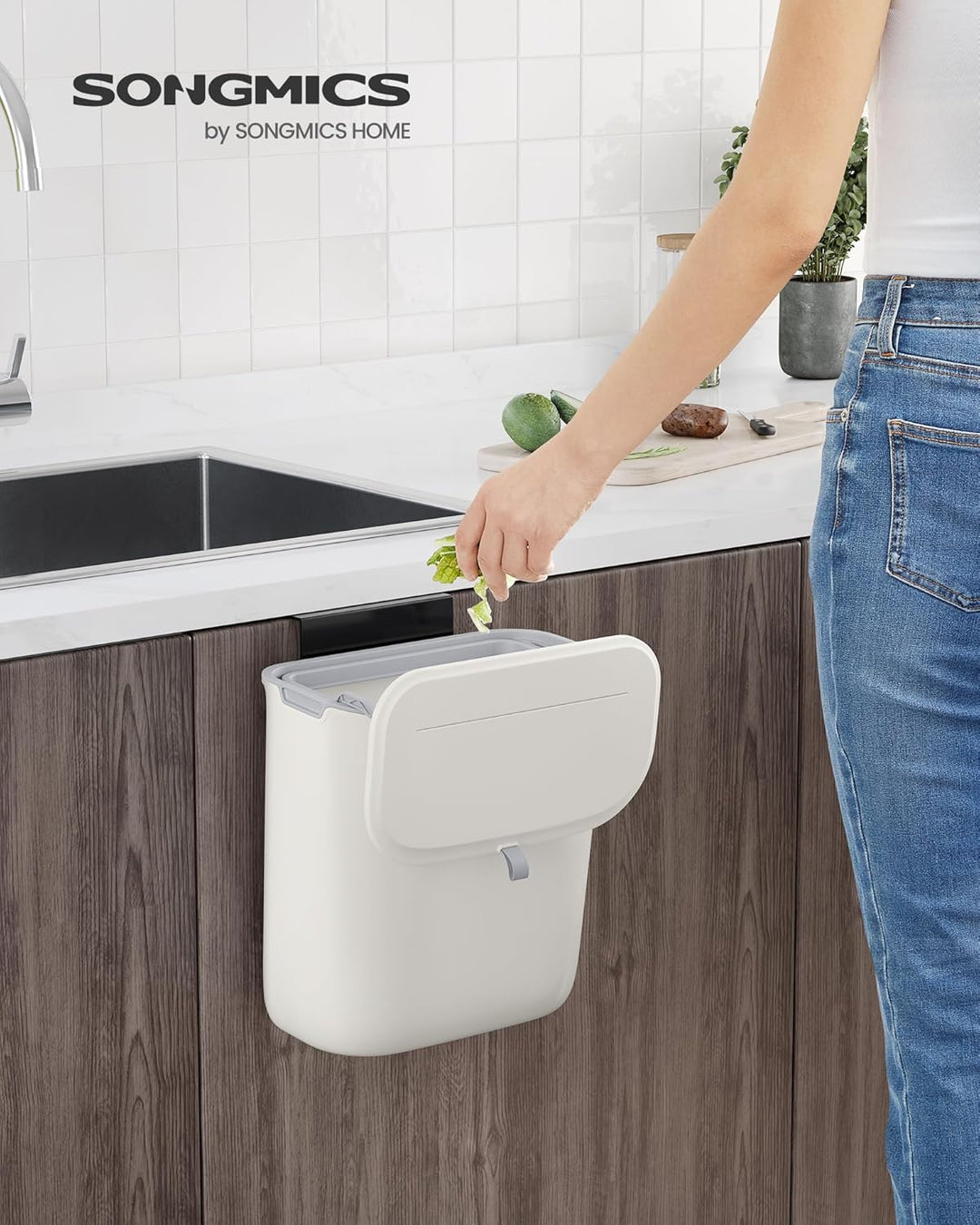 SONGMICS LTB820W9 Abfalleimer zum Aufhängen, 9 l, Küchenabfalleimer, mit Deckel für Lebensmittelabfä