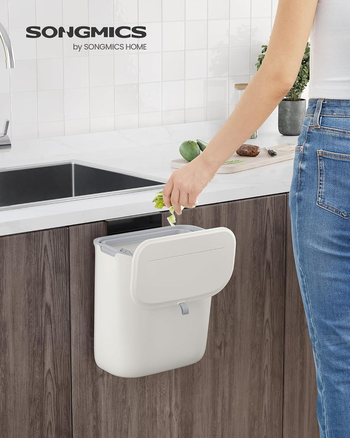 SONGMICS LTB820W9 Abfalleimer zum Aufhängen, 9 l, Küchenabfalleimer, mit Deckel für Lebensmittelabfä