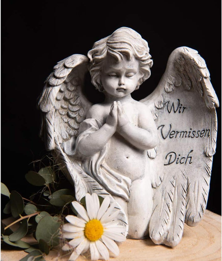 Kamelio Engel mit Spruch auf dem Flügel Trauerengel Grabschmuck Engelsfigur Gabriel