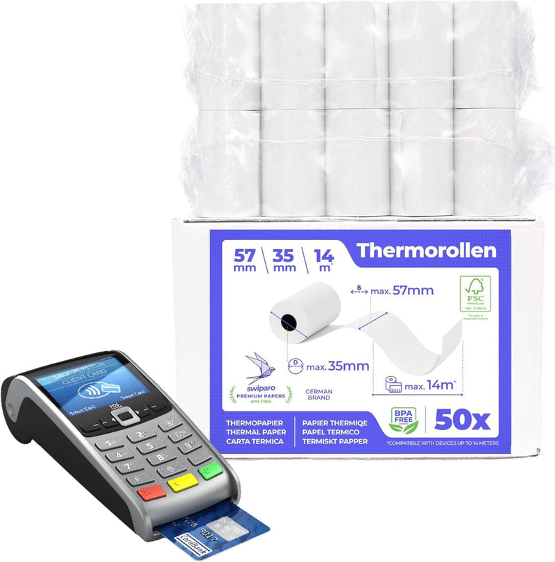 SWIPARO - Ec-Cash Thermorollen 57mm x 14m x 12mm - Kassenrollen -Thermopapier - Bonrollen für Bankom