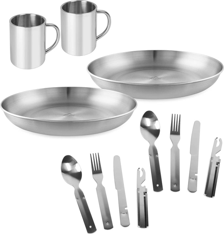 Camping Edelstahl Geschirrset 2X Besteckset + 2X Teller + 2X Tasse Silber Flach OneSize, Silber Flac