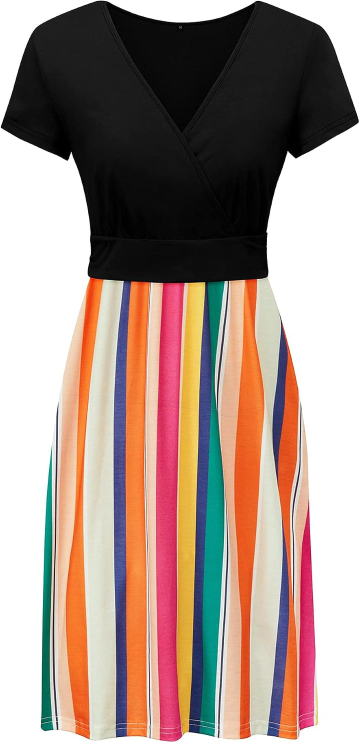 STYLEWORD Damen Sommerkleid Kurzarm V-Ausschnitt Kleider Blumenmuster Kleid Wickelkleid Mit Taschen