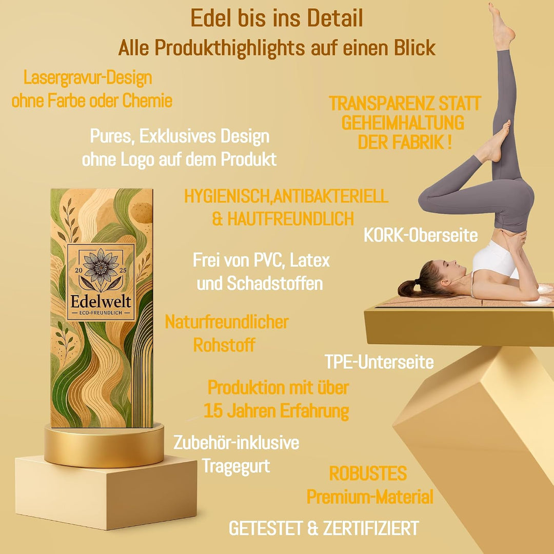 Yogamatte aus Kork – rutschfest &amp; nachhaltig – 183×61cm mit 5mm dicker Matte, Tragegurt &amp; Lasergravu