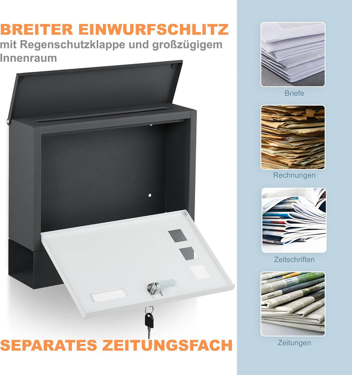 Relaxdays Briefkasten mit Sichtfenster, Metall, 4 Schlüssel, Mit Zeitungsfach, HxBxT: ca. 30 x 36 x