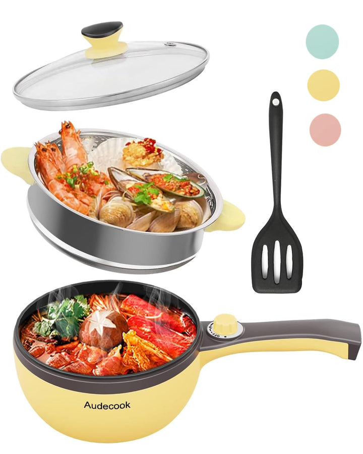 Audecook Elektrische Bratpfanne, Hot Pot Topf 20cm, Antihaft Mini elektropfanne mit Dampfgarer, Mult