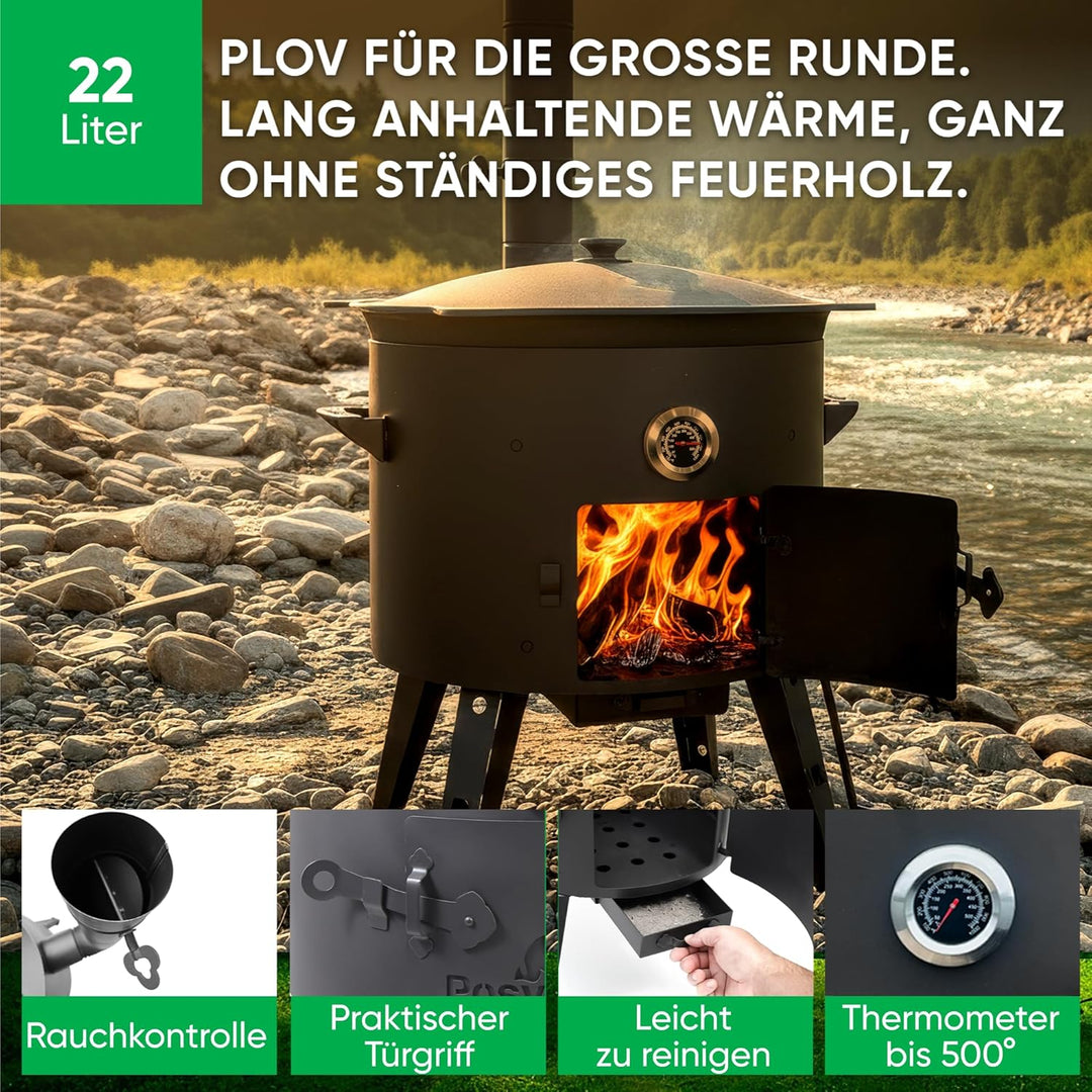 Utschak Feuerofen Ø 49 cm & Gusseisen-Kasan 22 L | Kazan-Set mit Deckel | Usbekischer Kochtopf für G