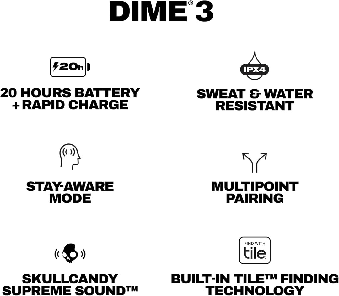 Skullcandy Dime 3 Wireless Earbuds, Bluetooth Headphones, Noise Isolating Fit, Up to 20 Hours Batter