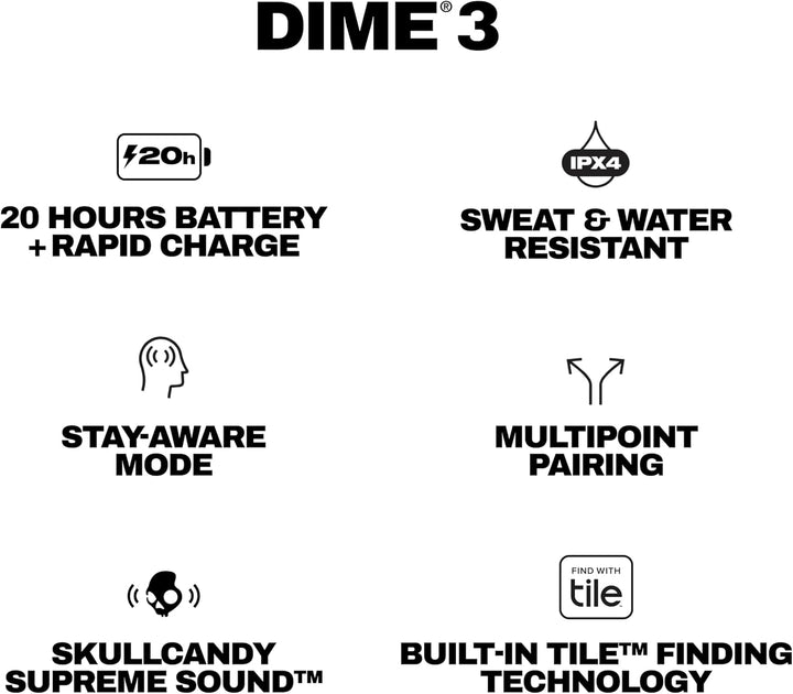 Skullcandy Dime 3 Wireless Earbuds, Bluetooth Headphones, Noise Isolating Fit, Up to 20 Hours Batter