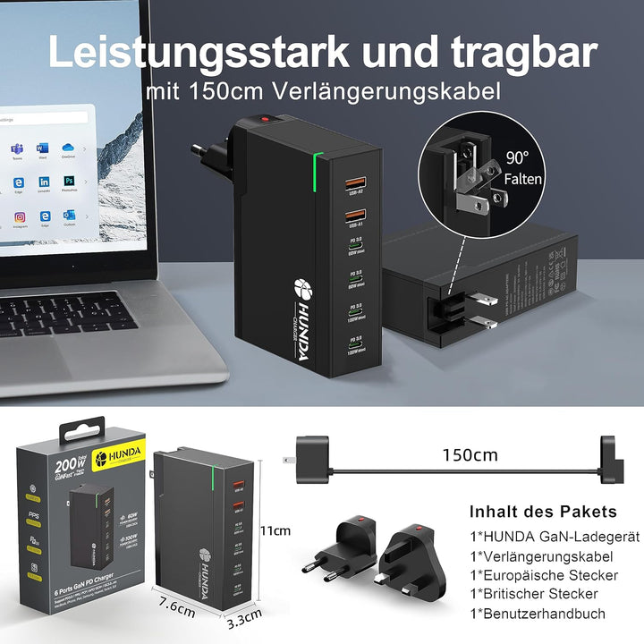 200W USB C Ladegerät,HUNDA GaN LadegerätUSB C 6 Ports,USB C Schnellladegerät Unterstützt 100W PD3.0