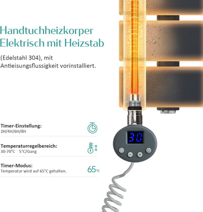 EMKE Badheizkörper Elektrisch 1320x600 mm, Handtuchheizkörper Elektrisch mit Thermostat Gebogen Hand