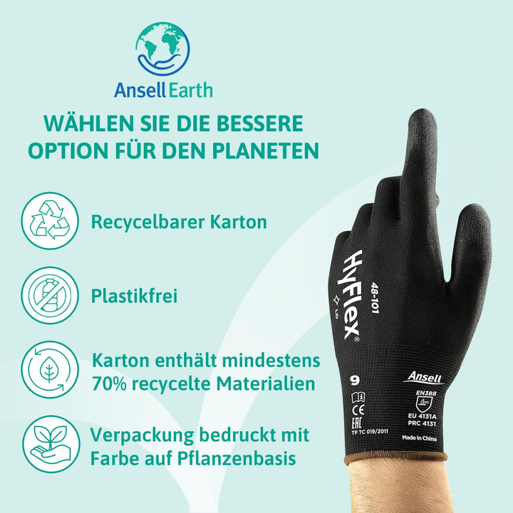 Ansell HyFlex 48-101 Dünne Arbeitshandschuhe mit PU Beschichtung, Leichte Schutzhandschuhe für Präzi