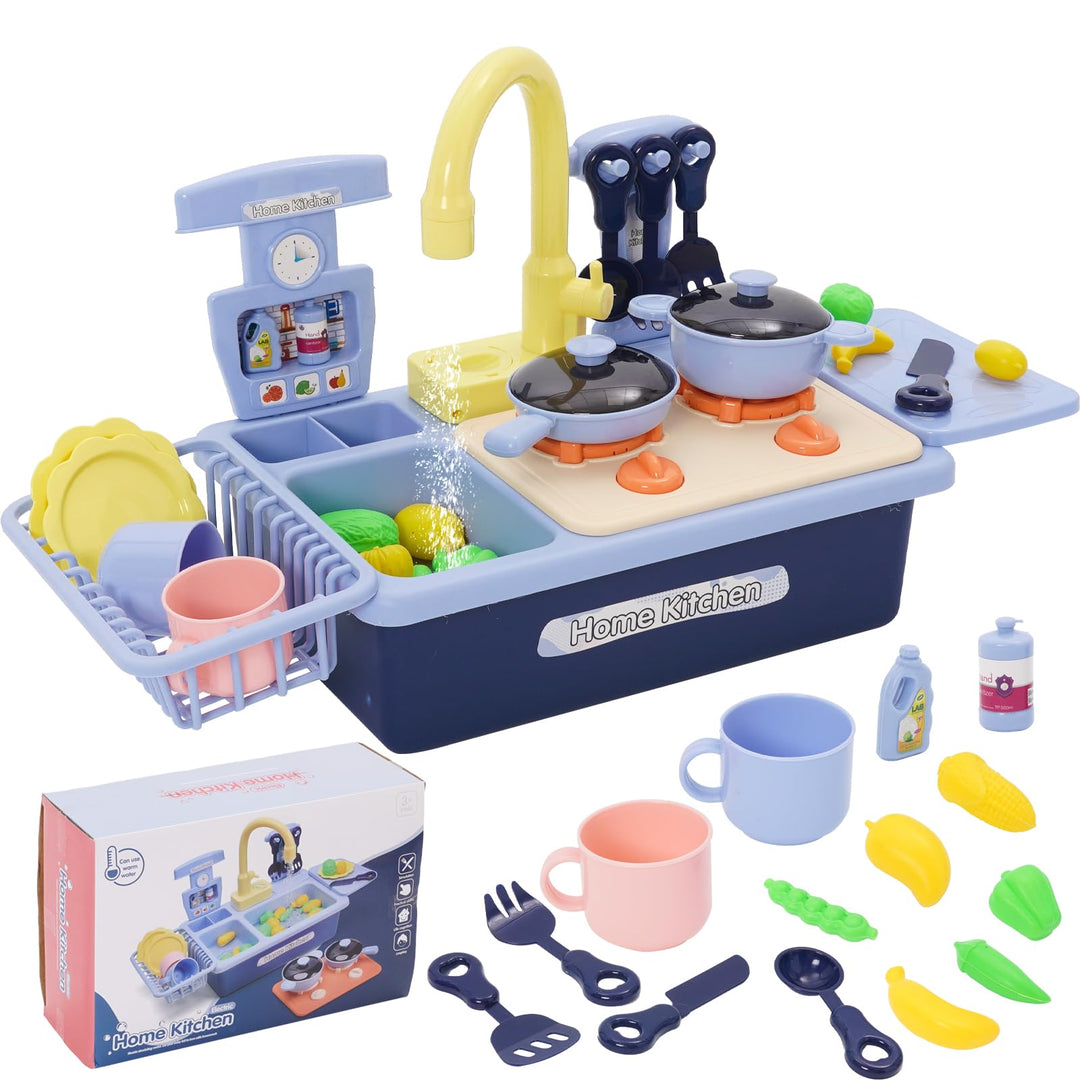 Küchenspüle Spielzeug Set mit Wasserfunktion, Waschbecken Kinder mit Elektrischem Wasserhahn, Geschi