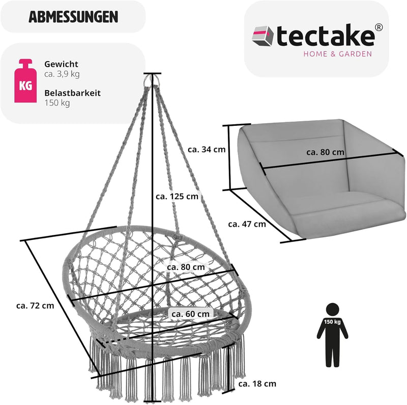 tectake Indoor und Outdoor Hängesessel, Terrassen und Balkonmöbel, Hängesessel mit Gestell, robuste