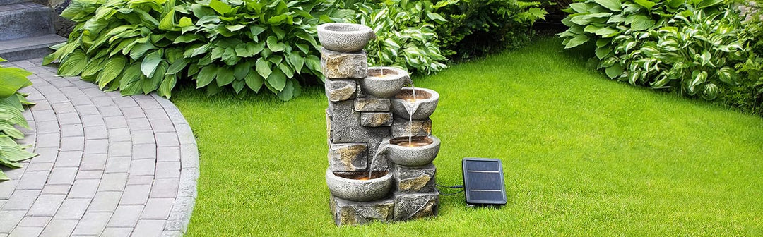Solar-Wasserbrunnen für den Garten aus Stein mit Ornamenten und LEDs PT-SF0003