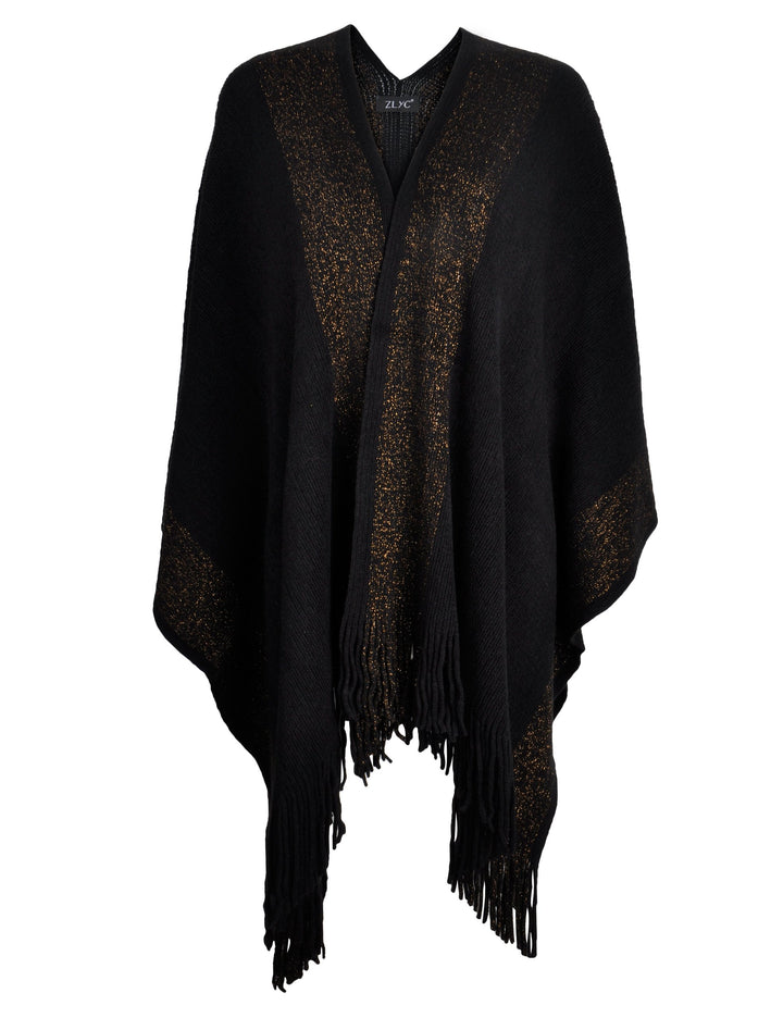 ZLYC Damen Weiche Schlichte Poncho Capes Retro Cardigans Pullover Schwarz, Schwarz