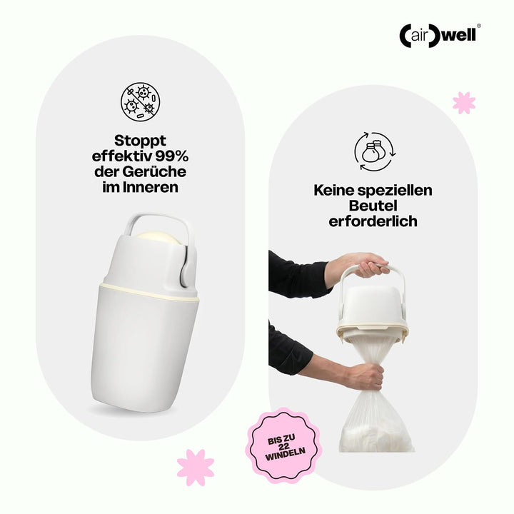 (air)well bin Windeleimer Geruchsdicht – Windelmülleimer mit Geruchsstopp-System, Einhändige Bedienu