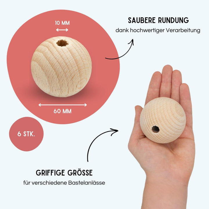 EV® Holzkugeln mit Loch - 6 Stück 60mm Durchmesser - Made in Austria - Grosse Holzperlen mit 10mm Bo
