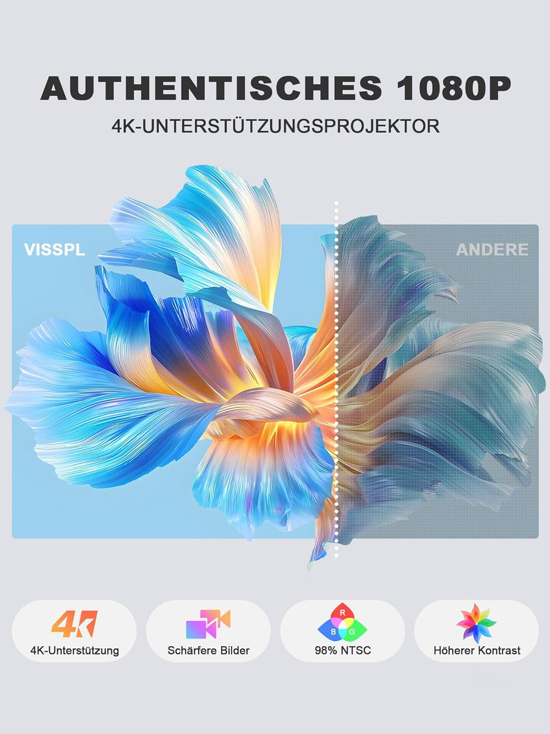 Smart Mini Beamer 4k [Offiziell Lizenzierter APP ] VISSPL 2600ANSI 4K Heimkino &amp; Outdoor Beamer, Aut