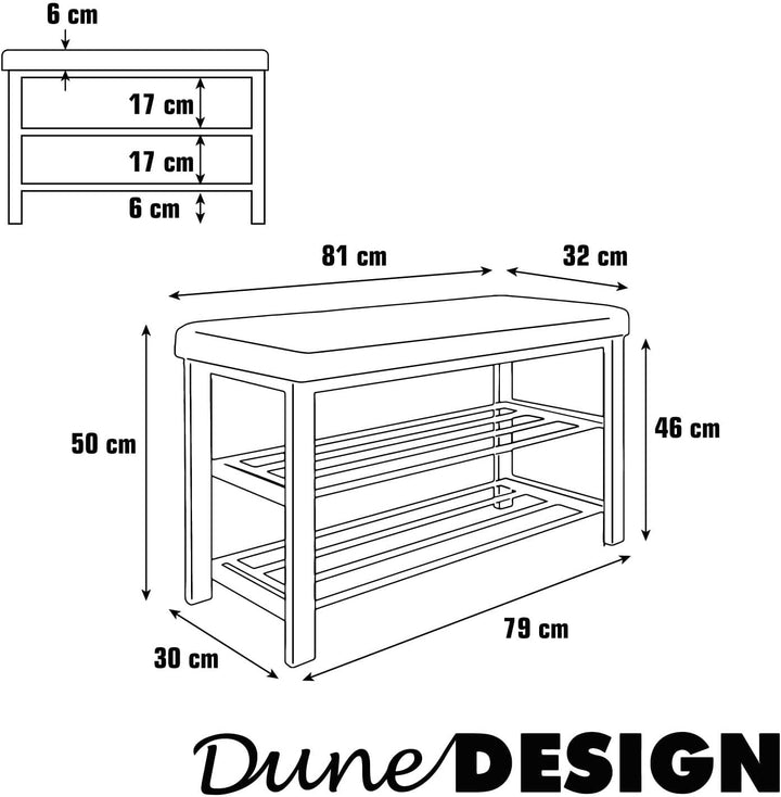 DuneDesign Schuhbank mit Sitzfläche - 81x32x50 Schuhregal Metall - Schuhschrank mit Sitzbank - Schuh