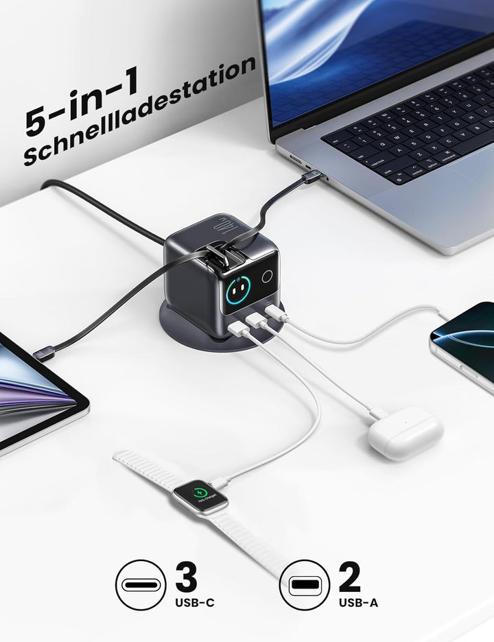 JOYROOM PODIX 140W 5‑in‑1 GaN Ultra Ladelstation, USB‑C Schnellladegerät mit 2 retraktablen 100W Kab
