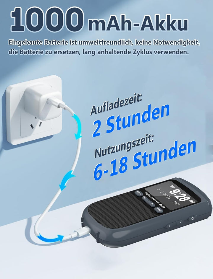 Tragbares DAB-Radio, 1000mAh Wiederaufladbares DAB/DAB + / FM-Radio, Digitales Walkman-Radio, Tasche
