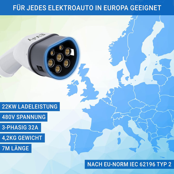 EVify Typ 2 Ladekabel 22kW 7M 32A für Elektroauto & Hybrid inkl. Kabeltasche • Kabel 3 phasig für EV