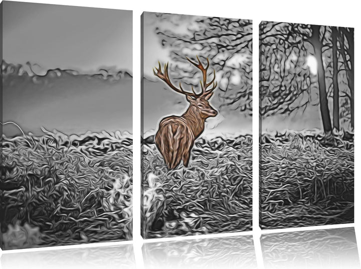 stolzer Hirsch im Wald3-Teiler Leinwandbild 120x80 Bild auf Leinwand, XXL riesige Bilder fertig gera