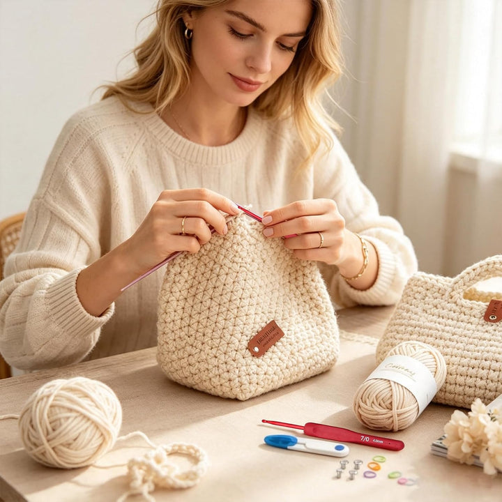 Tasche Häkeln Set, Häkelset Tasche mit Häkelnadel und 4 Knäuel Wolle