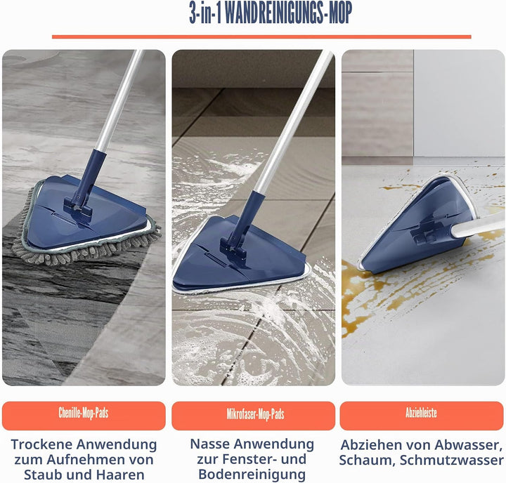 JEHONN Bodenwischer Wischmopp mit Langem Griff 200CM, 3-In-1 Wand Mop mit 6 Ersatz Mikrofaser Chenil