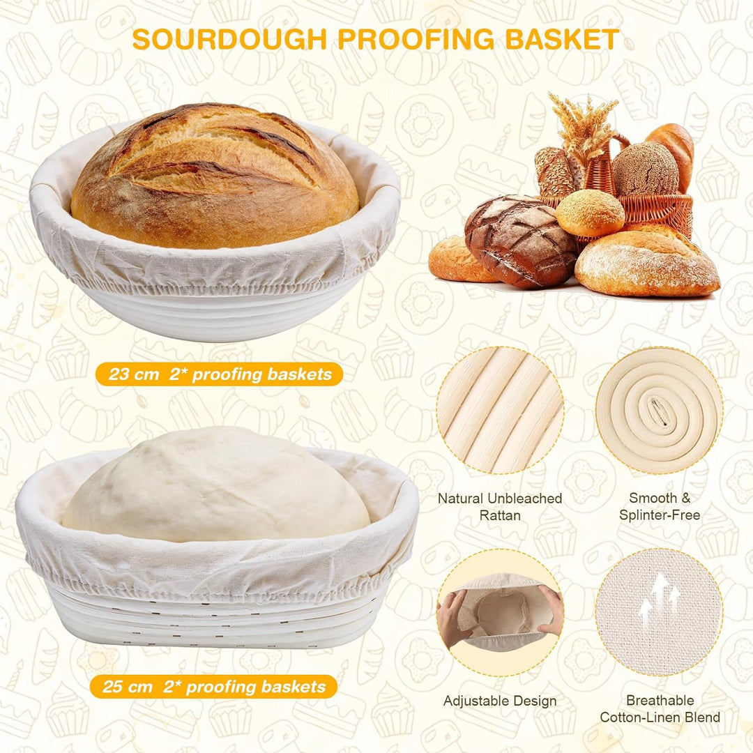 Gärkörbchen für Sauerteig Starter Set, 25cm Ovale & 23cm Runde Proofing Korb, Komplette Brot Backen