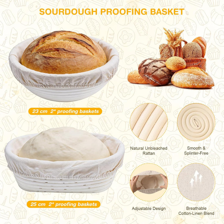 Gärkörbchen für Sauerteig Starter Set, 25cm Ovale & 23cm Runde Proofing Korb, Komplette Brot Backen
