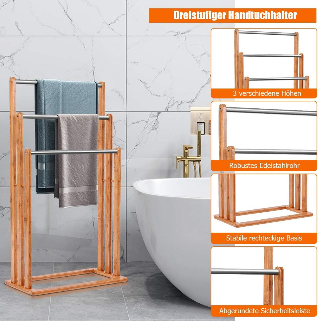 GOPLUS Handtuchständer Freistehend, Badehandtuchständer aus Bambus und Edelstahl, Handtuchhalter Bad