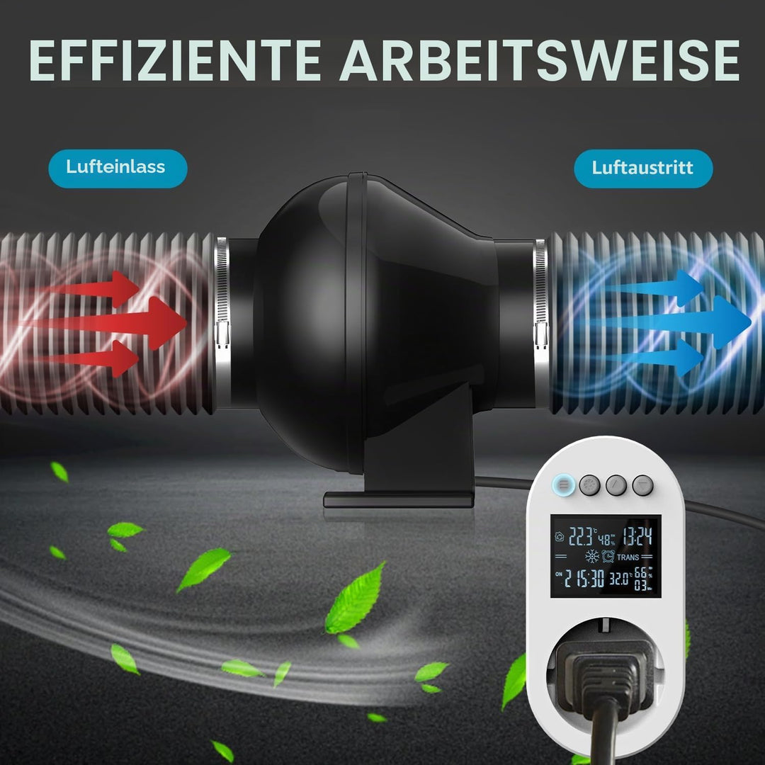 Rohrventilator 100mm,Rohrlüfter EC Motor, Abluftventilator 357m³/h,Mit Smart Steuerung, Temperatur F
