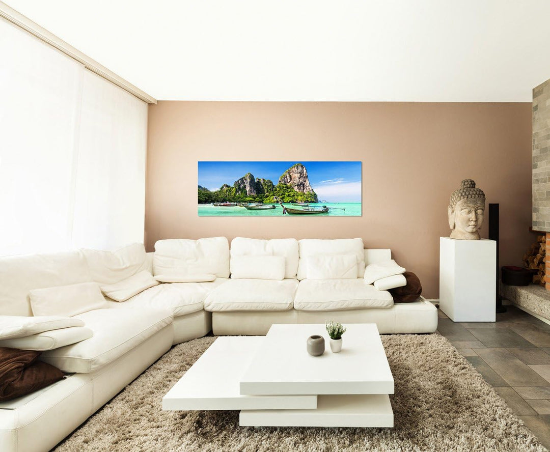 Paul Sinus Art Panoramabild auf Leinwand und Keilrahmen 150x50cm Thailand Meer Strand Felsen Boote